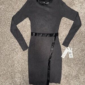 NWT BCX Charcoal Grey Long Sleeve Sweater Dress with Black Leather Accent Slit